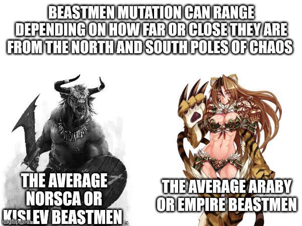 BEASTMEN MUTATION CAN RANGE DEPENDING ON HOW FAR OR CLOSE THEY ARE FROM THE NORTH AND SOUTH POLES OF CHAOS THE AVERAGE NORSCA OR KISLEV BEASTMEN imgflip.com THE AVERAGE ARABY OR EMPIRE BEASTMEN