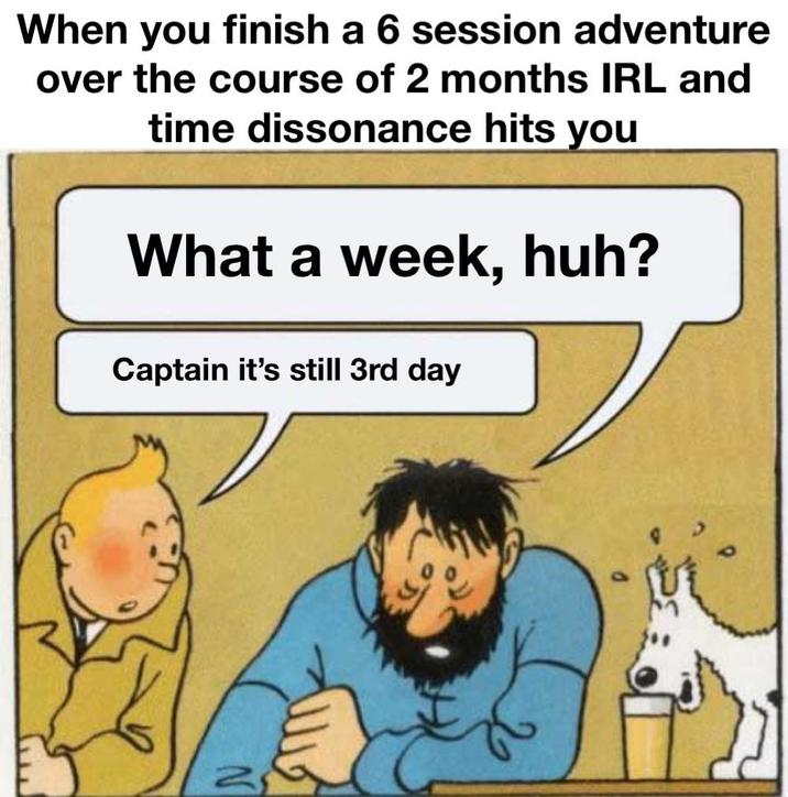 When you finish a 6 session adventure over the course of 2 months IRL and time dissonance hits you What a week, huh? Captain it's still 3rd day