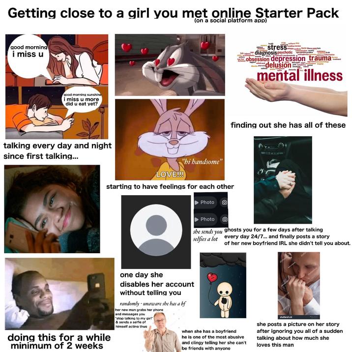 Getting close to a girl you met online Starter Pack (on a social platform app) good morning i miss u good morning sunshine i miss u more did u eat yet? talking every day and night since first talking... doing this for a while minimum of 2 weeks LOVE!!! "hi handsome" starting to have feelings for each other Photo one day she disables her account without telling you randomly-unaware she has a bf her new man grabs her phone and messages you "stop talking to my girl" & sends a selfie of himself acting thug help balance age deliriummory pressure lonelines: health PTSD outburst clinic antisocial condition tension unhappy medicine bipolar illness ADHD hate communication anxiety assistance agoraphobia problem stress diagnosis psychotic panic arachnophobia insanity solitary lost fear symptoms brain elderly confusion psychosomatic schizophrenia insomnia nightmare hallucination obsession depression trauma delusion support withdrawal disorder anorexia sadness phobia resentment mood distraught anger bereavement hospital aggressive OCD psychology grief turbulence mental emotional retiree scary fury therapy treatment mental illness finding out she has all of these Photo she sends you selfies a lot ghosts you for a few days after talking every day 24/7... and finally posts a story of her new boyfriend IRL she didn't tell you about. shutterstock NASTYA PALEMINA shutte shutterstock shutterstock shutterstocke shutterstock stock when she has a boyfriend he is one of the most abusive and clingy telling her she can't be friends with anyone shutterstock she posts a picture on her story after ignoring you all of a sudden talking about how much she loves this man