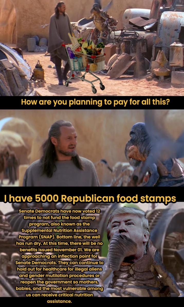 How are you planning to pay for all this? Thave 5000 Republican food stamps Senate Democrats have now voted 12 times to not fund the food stamp program, also known as the Supplemental Nutrition Assistance Program (SNAP). Bottom line, the well has run dry. At this time, there will be no benefits issued November 01. We are approaching an inflection point for Senate Democrats. They can continue to hold out for healthcare for illegal aliens and gender mutilation procedures or reopen the government so mothers, babies, and the most vulnerable among us can receive critical nutrition assistance.