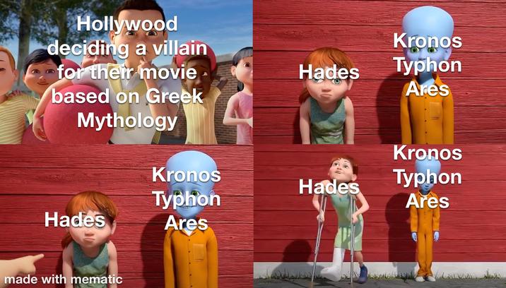 Hollywood deciding a villain for their movie based on Greek Mythology Hades Kronos Typhon Ares M Kronos Kronos Typhon Hades Hades Typhon Ares Ares made with mematic