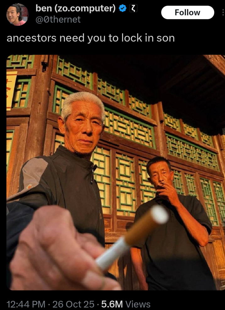 A tweet reading, "Ancestors need you to lock in son." The tweet shares a photo of a Chinese man offering a c--------.