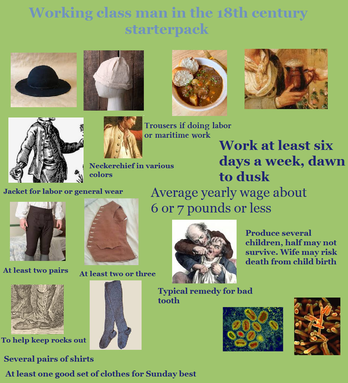 Working class man in the 18th century starterpack Trousers if doing labor or maritime work Neckerchief in various colors Jacket for labor or general wear Work at least six days a week, dawn to dusk Average yearly wage about 6 or 7 pounds or less Produce several children, half may not survive. Wife may risk death from child birth At least two pairs At least two or three Typical remedy for bad tooth To help keep rocks out Several pairs of shirts At least one good set of clothes for Sunday best