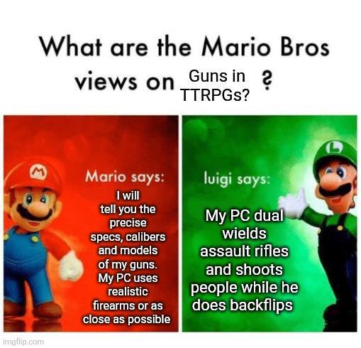 What are the Mario Bros views on Guns in? TTRPGs? M imgflip.com Mario says: I will tell you the precise specs, calibers and models of my guns. My PC uses realistic firearms or as close as possible luigi says: My PC dual wields assault rifles and shoots people while he does backflips