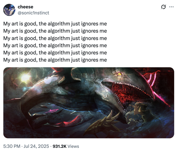 A "tweet":https://knowyourmeme.com/memes/sites/twitter-x from X user @sonic1nstinct using the repetition of the "catchphrase":https://knowyourmeme.com/memes/cultures/catchphrases "My Art Is Good, the Algorithm Just Ignores Me."