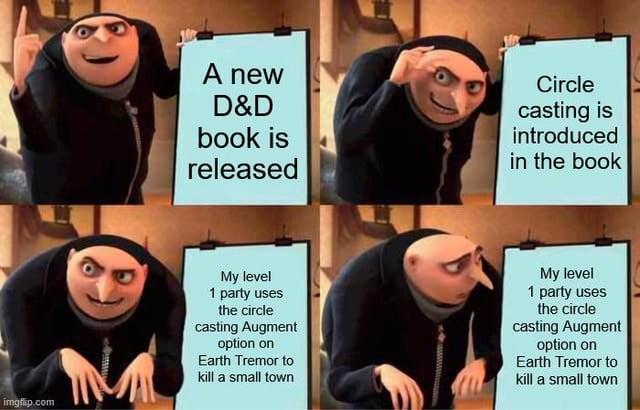 A new D&D book is released Circle casting is introduced in the book imgflip.com My level 1 party uses the circle casting Augment option on Earth Tremor to kill a small town My level 1 party uses the circle casting Augment option on Earth Tremor to kill a small town