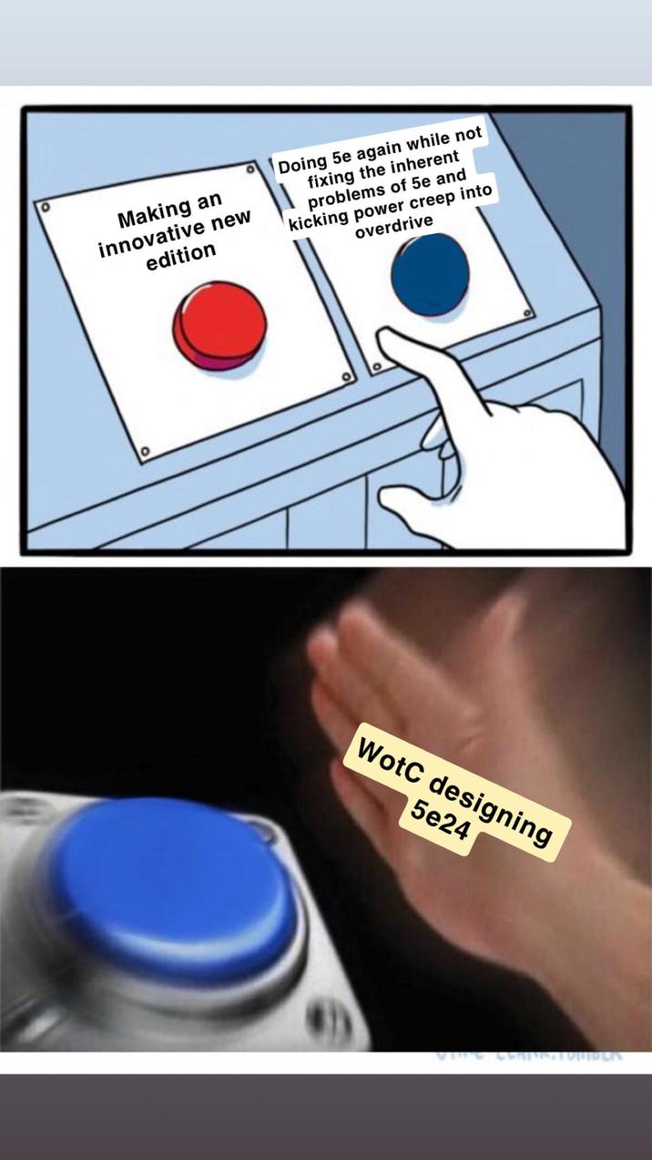 Making an innovative new edition Doing 5e again while not fixing the inherent problems of 5e and kicking power creep into overdrive WotC designing 5e24 VING CERDINATULIOLIS