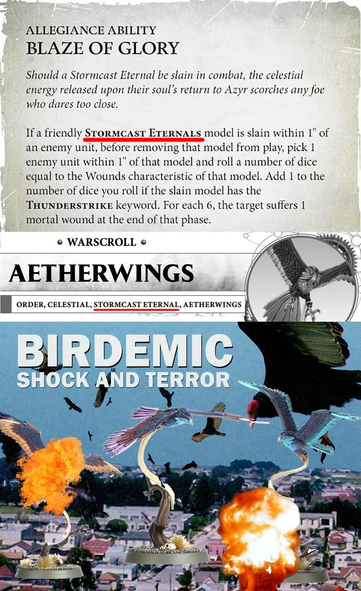 ALLEGIANCE ABILITY BLAZE OF GLORY Should a Stormcast Eternal be slain in combat, the celestial energy released upon their soul's return to Azyr scorches any foe who dares too close. If a friendly STORMCAST ETERNALS model is slain within 1" of an enemy unit, before removing that model from play, pick 1 enemy unit within 1" of that model and roll a number of dice equal to the Wounds characteristic of that model. Add 1 to the number of dice you roll if the slain model has the THUNDERSTRIKE keyword. For each 6, the target suffers 1 mortal wound at the end of that phase. • WARSCROLL⚫ AETHERWINGS ORDER, CELESTIAL, STORMCAST ETERNAL, AETHERWINGS BIRDEMIC SHOCK AND TERROR