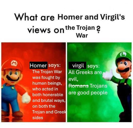 What are Homer and Virgil's views on the Trojan ? War M Homer says: The Trojan War was fought by human beings, who acted in both honerable and brutal ways, on both the Trojan and Greek sides virgil says: All Greeks are evil, Romans Trojans are good people