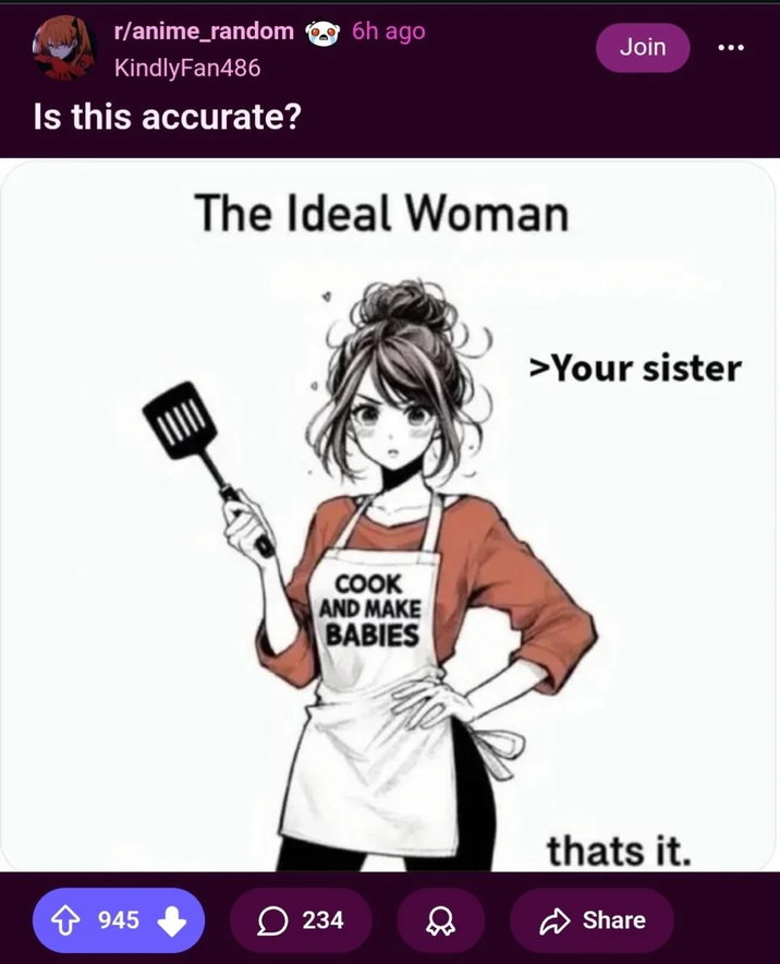 r/anime_random KindlyFan486 6h ago Join Is this accurate? The Ideal Woman COOK AND MAKE BABIES >Your sister thats it. 945 234 Д Share