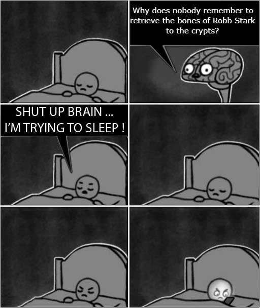 SHUT UP BRAIN ... I'M TRYING TO SLEEP! Why does nobody remember to retrieve the bones of Robb Stark to the crypts?
