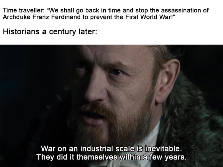 Time traveller: "We shall go back in time and stop the assassination of Archduke Franz Ferdinand to prevent the First World War!" Historians a century later: War on an industrial scale is inevitable. They did it themselves within a few years.
