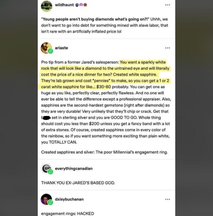 wildhaunt m "Young people aren't buying diamonds what's going on?!" Uhhh, we don't want to go into debt for something mined with slave labor, that isn't rare with an artificially inflated price lol ariaste Pro tip from a former Jared's salesperson: You want a sparkly white rock that will look like a diamond to the untrained eye and will literally cost the price of a nice dinner for two? Created white sapphire. They're lab grown and cost "pennies" to make, so you can get a 1 or 2 carat white sapphire for like... $30-80 probably. You can get one as huge as you like, perfectly clear, perfectly flawless. And no one will ever be able to tell the difference except a professional appraiser. Also, sapphires are the second-hardest gemstone (right after diamonds) so they are very durable! Very unlikely that they'll chip or crack. Get that b set in sterling silver and you are GOOD TO GO. Whole thing should cost you less than $200 unless you get a fancy band with a lot of extra stones. Of course, created sapphires come in every color of the rainbow, so if you want something more exciting than plain white, you TOTALLY CAN. Created sapphires and silver: The poor Millennial's engagement ring. everythingcanadian THANK YOU EX-JARED'S BASED GOD. dxisybuchanan engagement rings: HACKED