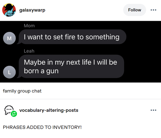 M L galaxywarp Mom I want to set fire to something Leah Maybe in my next life I will be born a gun family group chat vocabulary-altering-posts PHRASES ADDED TO INVENTORY! Follow