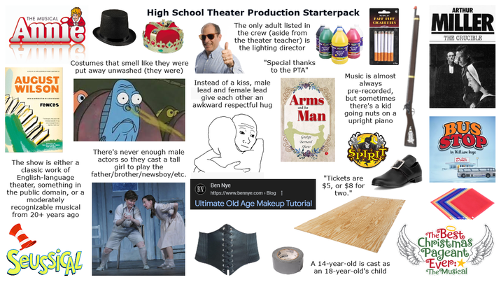 THE MUSICAL Annie AUGUST WILSON Fences High School Theater Production Starterpack Costumes that smell like they were put away unwashed (they were) The only adult listed in the crew (aside from the theater teacher) is the lighting director "Special thanks to the PTA" Instead of a kiss, male lead and female lead give each other an awkward respectful hug Arms and the Man George Bernard Shaw FAKE FLET CIGARETTES Music is almost always pre-recorded, but sometimes there's a kid going nuts on a upright piano ARTHUR MILLER THE CRUCIBLE BUS STOP by William Inge Dlicen The show is either a classic work of English-language theater, something in the public domain, or a moderately recognizable musical from 20+ years ago There's never enough male actors so they cast a tall girl to play the father/brother/newsboy/etc. SEUSSICAL Ben Nye (BN https://www.bennye.com > Blog Ultimate Old Age Makeup Tutorial PIRI "Tickets are $5, or $8 for two." A 14-year-old is cast as an 18-year-old's child The Best Christmas Pageant Ever: The Musical