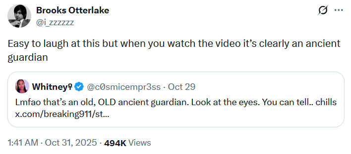 X user @i_zzzzzz tweeted, "Easy to laugh at this but when you watch the video it’s clearly an ancient guardian," gathering over 10,000 likes in three days.