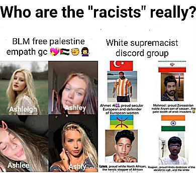 Who are the "racists" really? BLM free palestine empath gc O White supremacist discord group Ashleigh Ashley Ahmet proud secular European and defender of European women Ashlee Ashly Kane, proud white North African, the heroic stopper of African Mahmod: proud Zoroastrian noble A---- son of sassan, the pale death of arab invaders L aje, proud Hindu devover of the bicct, and the white