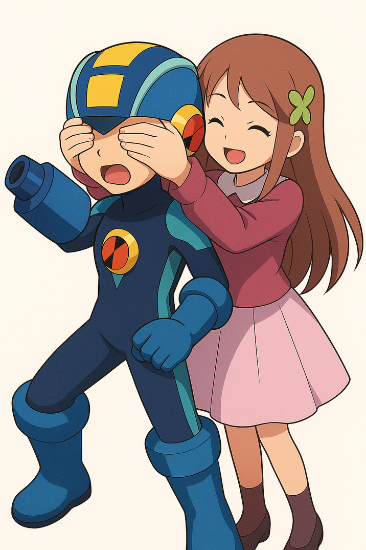 Mega Man Battle Network: Iris Exe surprising Rockman Exe from behind
Capcom copyright characters