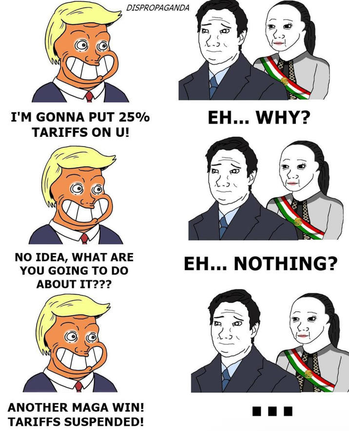 DISPROPAGANDA I'M GONNA PUT 25% TARIFFS ON U! NO IDEA, WHAT ARE YOU GOING TO DO ABOUT IT??? ANOTHER MAGA WIN! TARIFFS SUSPENDED! ふふふ EH... WHY? EH... NOTHING?