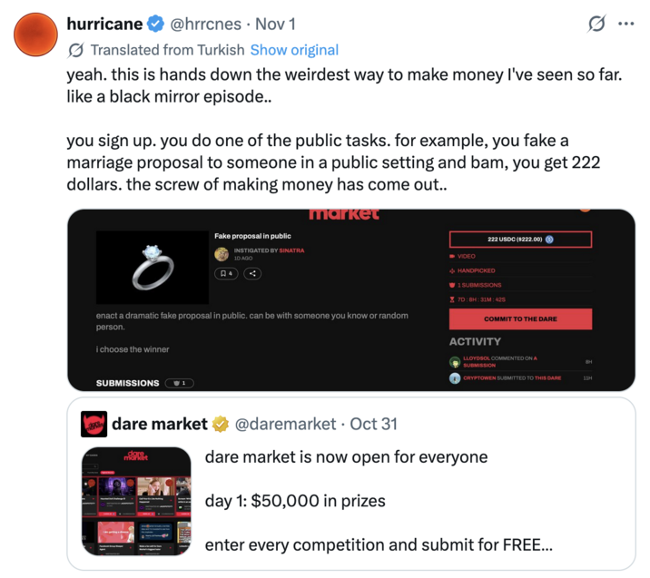X user @hrrcnes tweeted in Turkish, "yuh. bugüne kadar gördüğüm en tuhaf para kazanma olayı net bu. black mirror bölümü gibi..," which translates to, "yeah. this is hands down the weirdest way to make money I've seen so far. like a black mirror episode.."