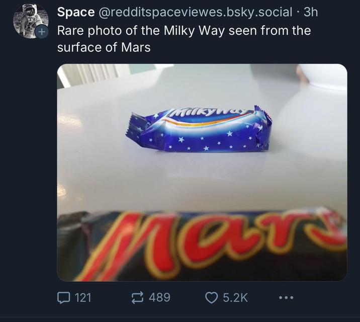 Space @redditspaceviewes.bsky.social . 3h Rare photo of the Milky Way seen from the surface of Mars Mare 121 489 5.2K