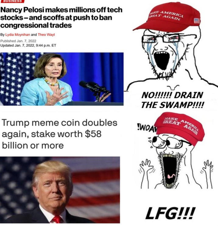 Nancy Pelosi makes millions off tech stocks-and scoffs at push to ban congressional trades By Lydia Moynihan and Theo Wayt Published Jan. 7, 2022 Updated Jan. 7, 2022, 9:44 p.m. ET MAKE AMERICA GREAT AGAIN Trump meme coin doubles again, stake worth $58 billion or more NO!!!!!! DRAIN THE SWAMP!!!! WOA MAKE AMERICA GREAT *** LFG!!!