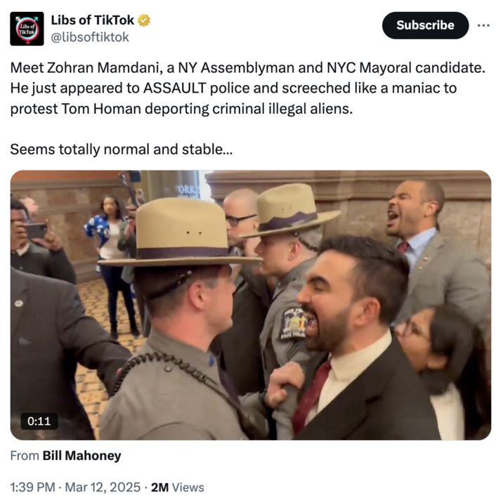 A "tweet":https://knowyourmeme.com/memes/sites/twitter-x from "Libs of TikTok":https://knowyourmeme.com/memes/people/libs-of-tiktok-chaya-raichik criticizing Zohran Mamdani for confronting Tom Homan. 