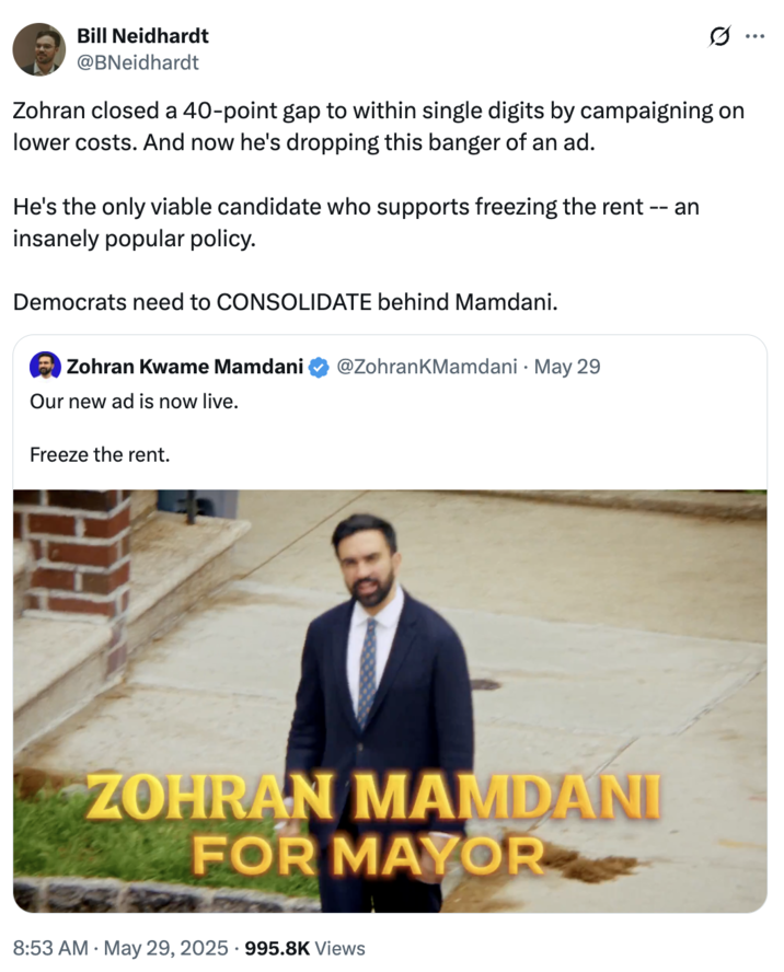 A "tweet":https://knowyourmeme.com/memes/sites/twitter-x in support of Zohran Mamdani for NYC mayor.