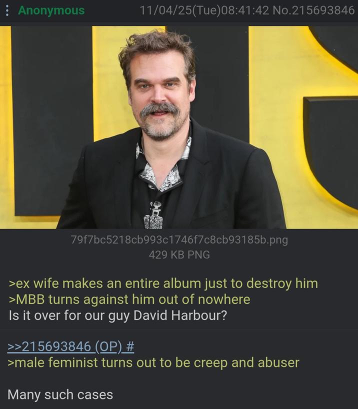 : Anonymous 11/04/25(Tue)08:41:42 No.215693846 79f7bc5218cb993c1746f7c8cb93185b.png 429 KB PNG >ex wife makes an entire album just to destroy him >MBB turns against him out of nowhere Is it over for our guy David Harbour? >>215693846 (OP) # >male feminist turns out to be creep and abuser Many such cases