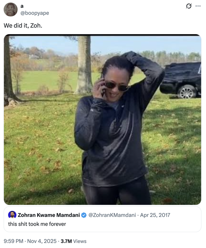 A "tweet":https://knowyourmeme.com/memes/sites/twitter-x and "meme":https://knowyourmeme.com/memes/memes about Zohran Mamdani winning the 2025 NYC mayoral election.