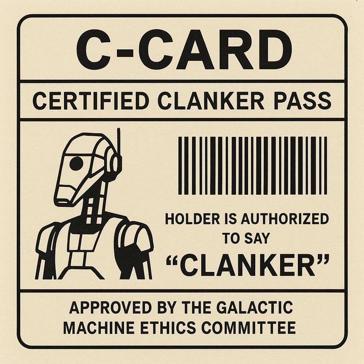 C-CARD CERTIFIED CLANKER PASS HOLDER IS AUTHORIZED TO SAY "CLANKER" APPROVED BY THE GALACTIC MACHINE ETHICS COMMITTEE