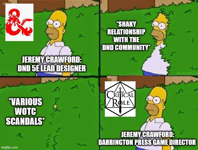21 JEREMY CRAWFORD: DND 5E LEAD DESIGNER *VARIOUS WOTC SCANDALS* *SHAKY RELATIONSHIP WITH THE DND COMMUNITY* CRITICAL VROLE 3 imgflip.com 3223 33 JEREMY CRAWFORD: DARRINGTON PRESS GAME DIRECTOR