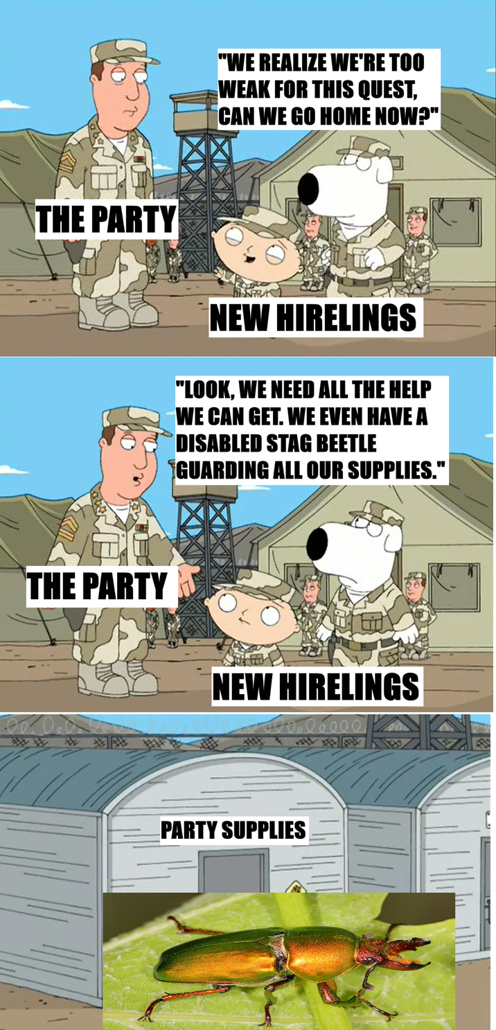 "WE REALIZE WE'RE TOO WEAK FOR THIS QUEST, CAN WE GO HOME NOW?" THE PARTY NEW HIRELINGS "LOOK, WE NEED ALL THE HELP WE CAN GET. WE EVEN HAVE A DISABLED STAG BEETLE GUARDING ALL OUR SUPPLIES." THE PARTY NEW HIRELINGS 100000000 E PARTY SUPPLIES