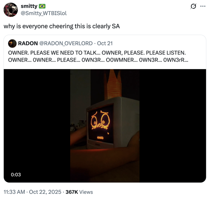 A "quote-tweet":https://knowyourmeme.com/memes/quote-retweets-qrts about the RADON account promoting the SA of the TV character. 