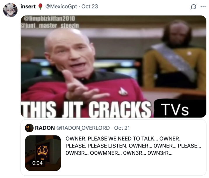 A "quote-tweet":https://knowyourmeme.com/memes/quote-retweets-qrts about the RADON account promoting the SA of the TV character, using the "This Jit Cracks Birds":https://knowyourmeme.com/memes/this-jit-cracks-birds format.