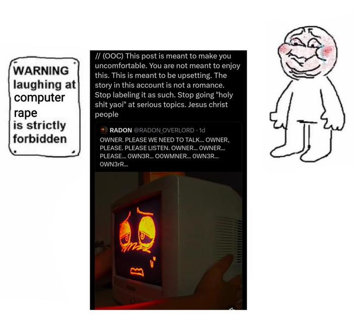 A "meme":https://knowyourmeme.com/memes/memes showing someone laughing at the RADON OVERLORD "Twitter / X":https://knowyourmeme.com/memes/sites/twitter-x account.  