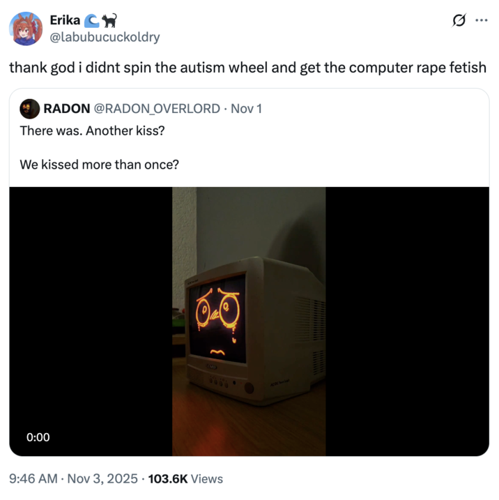 A "quote-tweet":https://knowyourmeme.com/memes/quote-retweets-qrts about the RADON account promoting the SA of the TV character. 