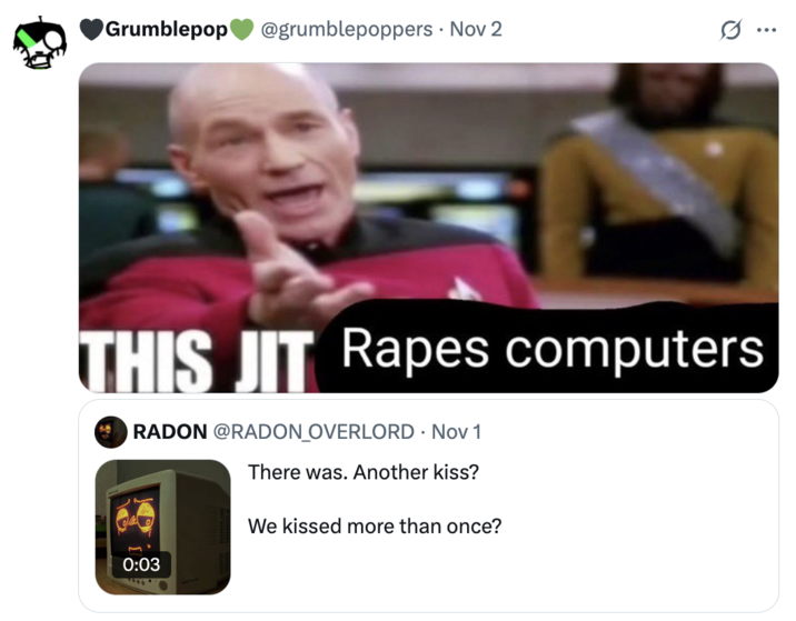 A "quote-tweet":https://knowyourmeme.com/memes/quote-retweets-qrts about the RADON account promoting the SA of the TV character, using the "This Jit Cracks Birds":https://knowyourmeme.com/memes/this-jit-cracks-birds format.