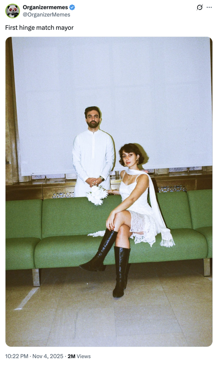 A "tweet":https://knowyourmeme.com/memes/sites/twitter-x about "Zohran Mamdani":https://knowyourmeme.com/memes/people/zohran-mamdani and his wife Rama Duwaji amid the 2025 NYC mayoral election.