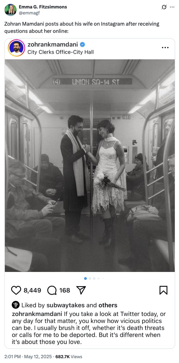 A "tweet":https://knowyourmeme.com/memes/sites/twitter-x, echoing Zohran Mamdani's "Instagram":https://knowyourmeme.com/memes/sites/instagram post about his wife.