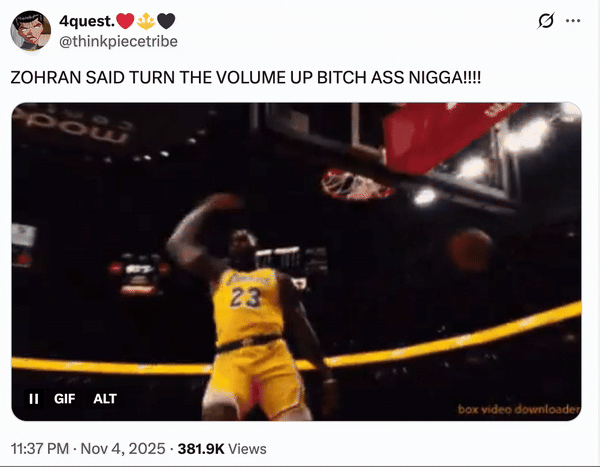 X user @thinkpiecetribe tweeted a GIF of a Lebron dunking a basketball, writing, "ZOHRAN SAID TURN THE VOLUME UP BITCH ASS N----!!!!"