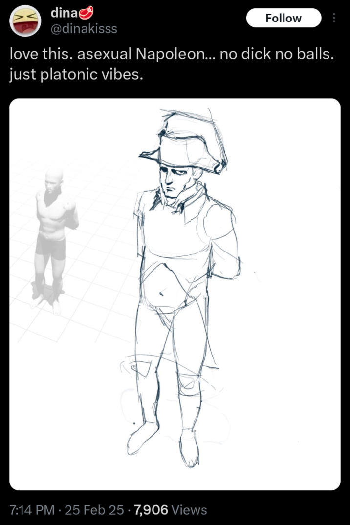 dina @dinakisss Follow love this. asexual Napoleon... no d--- no balls. just platonic vibes. 7:14 PM - 25 Feb 25 7,906 Views .