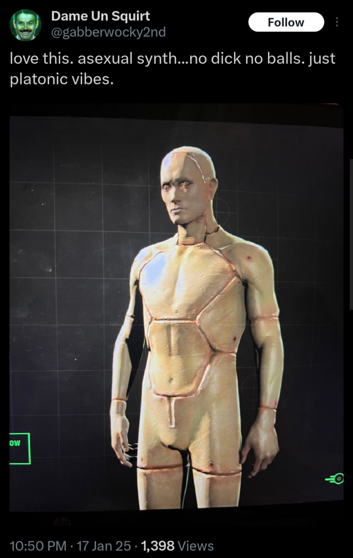 Dame Un Squirt @gabberwocky2nd Follow love this. asexual synth...no d--- no balls. just platonic vibes. OW 10:50 PM - 17 Jan 25 1,398 Views