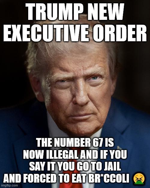 TRUMP NEW EXECUTIVE ORDER THE NUMBER 67 IS NOW ILLEGAL AND IF YOU SAY IT YOU GO TO JAIL AND FORCED TO EAT BR*CCOLI imgflip.com