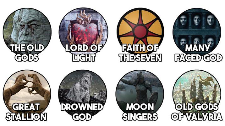 THE OLD GODS LORD OF LIGHT FAITH OF THE SEVEN MANY FACED GOD GREAT STALLION DROWNED GOD MOON OLD GODS SINGERS OF VALYRIA