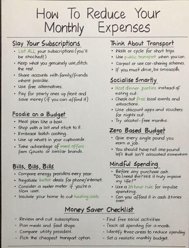 How To Reduce Your Expenses Monthly Slay Your Subscriptions . • List ALL your subscriptions (you'll be shocked!) . Keep what you genuinely use,ditch the rest. • Share accounts with family/friends where possible. • Use free alternatives. . Pay for yearly ones up front and save money (if you can afford it) Foodie on a Budget . . . Meal plan like a boss. Shop with a list and stick to it. Embrace batch cooking. • Use up what's in • your cupboards. Take advantage of meal offers from Gousto or similar brands. Bills, Bills, Bills . . . . Compare energy providers every year. Negotiate better deals for phone/internet. Consider a water meter if you're a slow user. Insulate your home to cut heating costs. Think About Transport Walk or cycle for short trips. • Use public transpart when you can. . Carpool or use car-sharing schemes. If you must drive, be smooooth. Socialise Smartly • Host dinner parties instead of eating out. •Check out free local events and attractions. • Use discount apps and vouchers for nights out. Try alcohol-free months. Zero Based Budget . Give every single pound you earn a job. • You should have not one pound left that isn't allocated somewhere. Mindful Spending . Before any purchase ask. "Do I need this? Will it truly improve my life?" • Use a 24 hour rule for impulse spending. • Can you afford it in cash 3 times over. Money Saver Checklist - Review and cull subscriptions - Plan meals and food shops. - Compare utility providers. - - Pick the cheapest transport option. - Find free social activities. Track all spending for a month. - Identify three areas to reduce spending. - Set a realistic monthly budget.