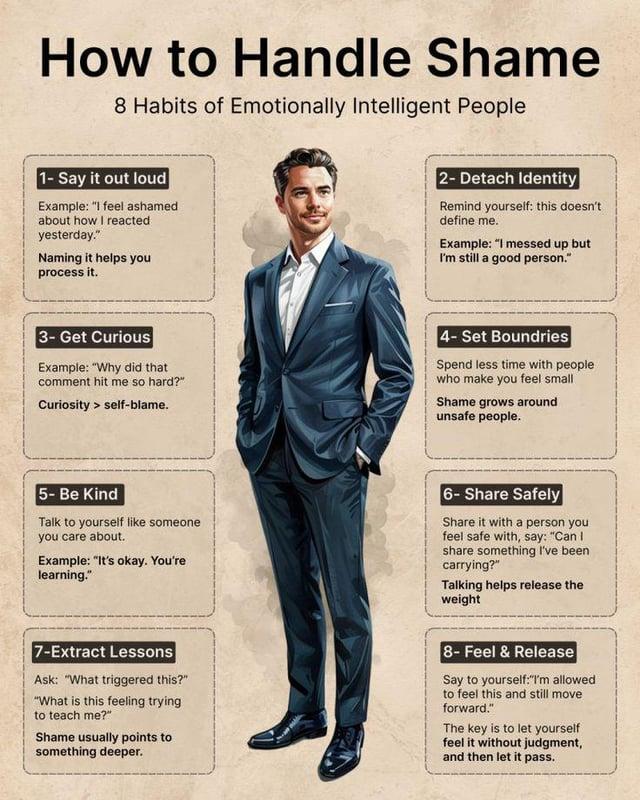 How to Handle Shame 8 Habits of Emotionally Intelligent People 1- Say it out loud Example: "I feel ashamed about how I reacted yesterday." Naming it helps you process it. 2- Detach Identity Remind yourself: this doesn't define me. Example: "I messed up but I'm still a good person." 3- Get Curious Example: "Why did that comment hit me so hard?" Curiosity > self-blame. 4- Set Boundries Spend less time with people who make you feel small Shame grows around unsafe people. 5- Be Kind Talk to yourself like someone you care about. Example: "It's okay. You're learning." 6- Share Safely Share it with a person you feel safe with, say: "Can I share something I've been carrying?" Talking helps release the weight 7-Extract Lessons Ask: "What triggered this?" "What is this feeling trying to teach me?" Shame usually points to something deeper. 8- Feel & Release Say to yourself:"I'm allowed to feel this and still move forward." The key is to let yourself feel it without judgment, and then let it pass.