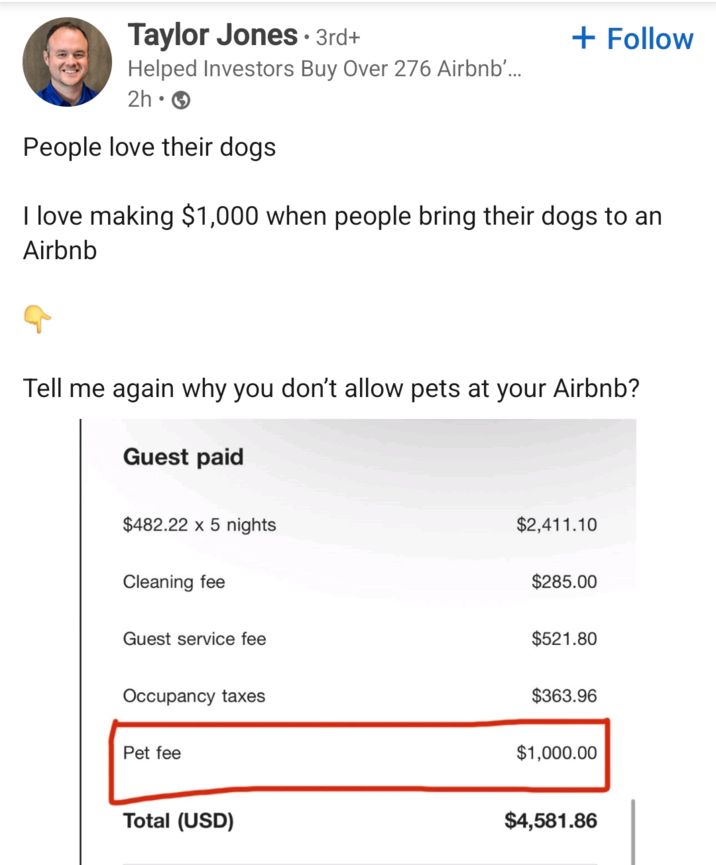 Taylor Jones. 3rd+ Helped Investors Buy Over 276 Airbnb'... 2h- People love their dogs + Follow I love making $1,000 when people bring their dogs to an Airbnb Tell me again why you don't allow pets at your Airbnb? Guest paid $482.22 x 5 nights Cleaning fee $2,411.10 $285.00 Guest service fee $521.80 $363.96 Occupancy taxes Pet fee $1,000.00 Total (USD) $4,581.86