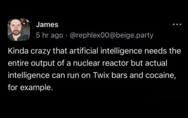 James 5 hr ago @rephlex00@beige.party • Kinda crazy that artificial intelligence needs the entire output of a nuclear reactor but actual intelligence can run on Twix bars and cocaine, for example.