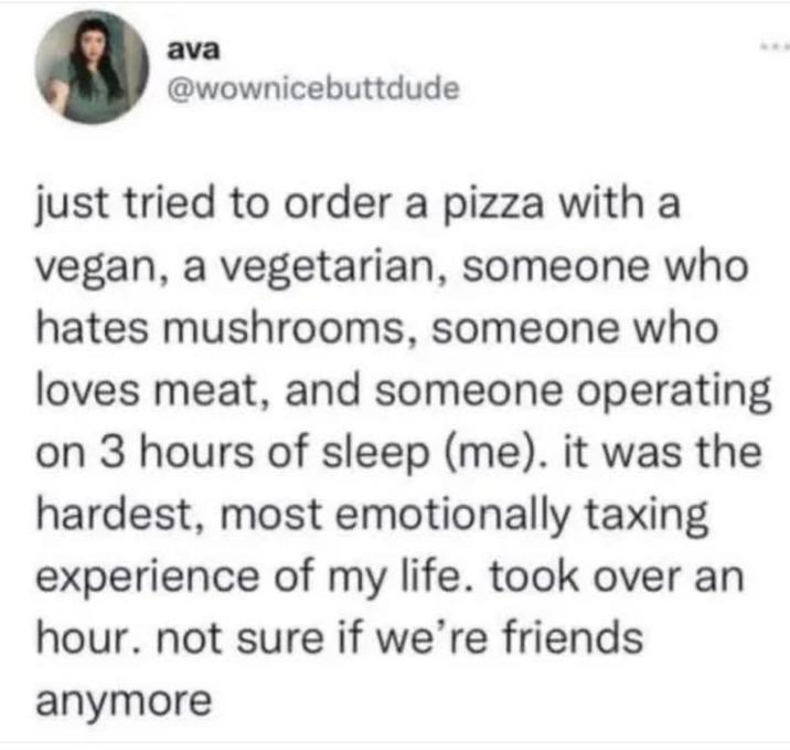 ava @wownicebuttdude just tried to order a pizza with a vegan, a vegetarian, someone who hates mushrooms, someone who loves meat, and someone operating on 3 hours of sleep (me). it was the hardest, most emotionally taxing experience of my life. took over an hour. not sure if we're friends anymore